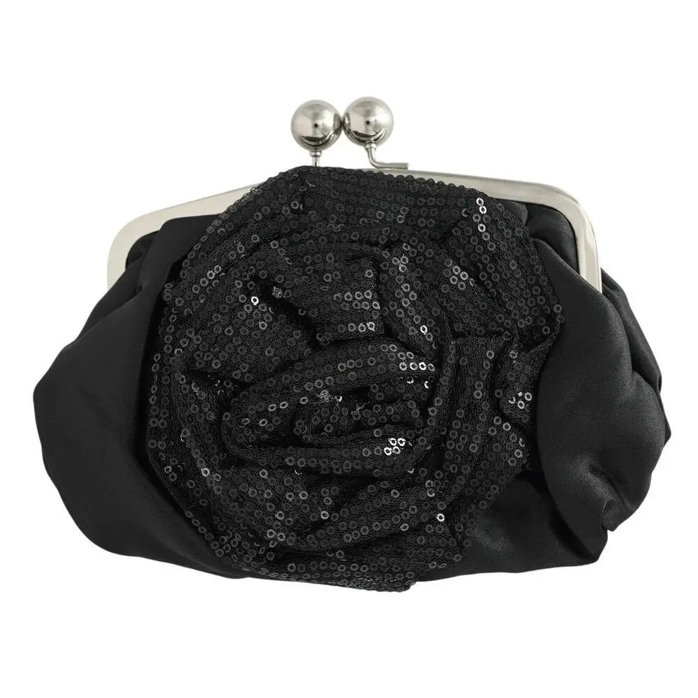 NWT Black Satin Lace & Sequin Rose Clutch Kiss Lock Holiday Evening Cottagecore
